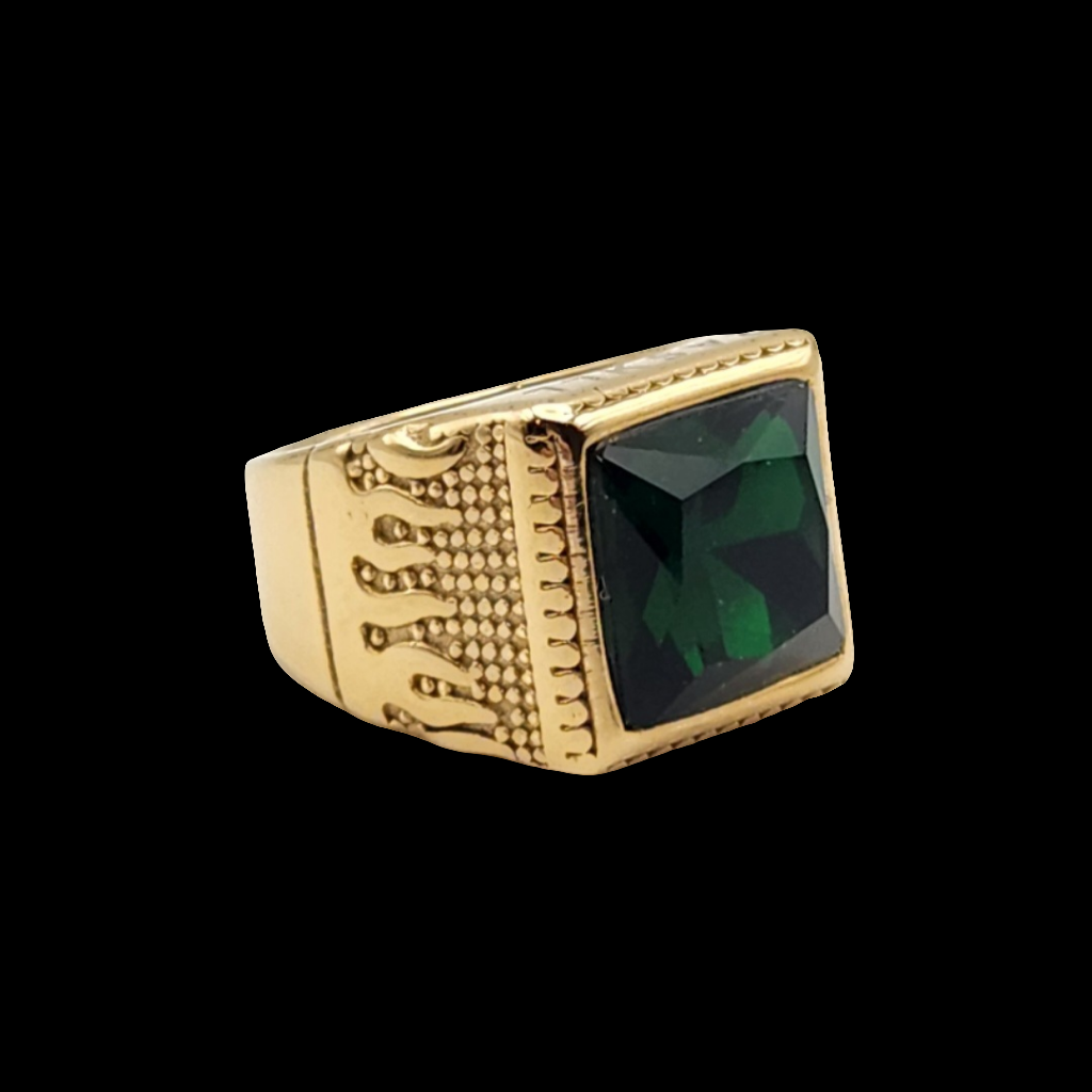 Flame ring, Stainless Steel (18kGold / Green stone)